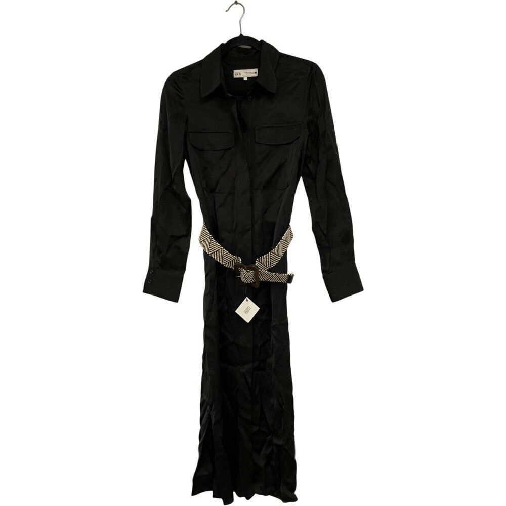 Zara Womens Shirt midi Dress XS Black Satin Effect Belt Collared 8685/611 NWT